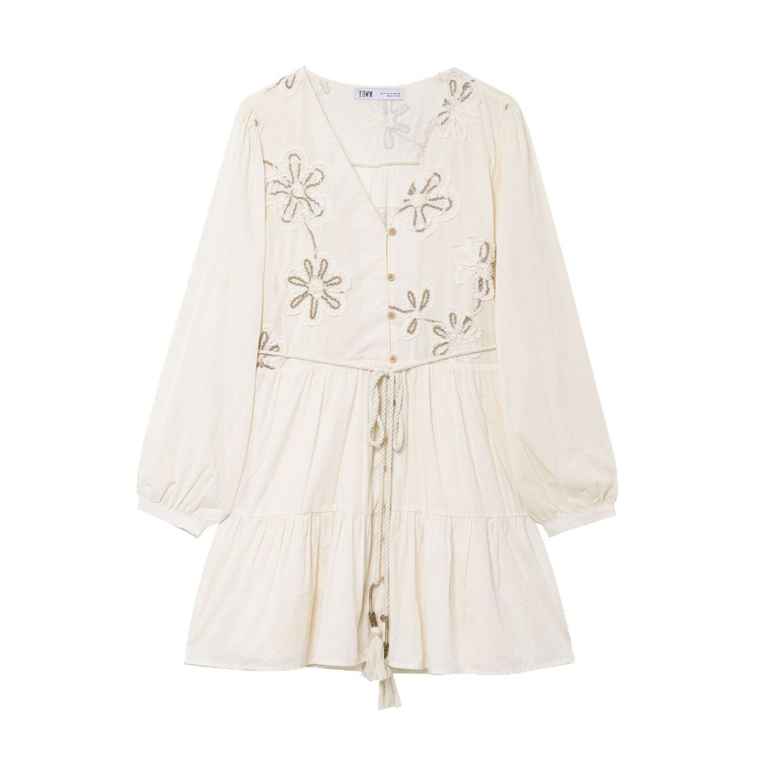 Ladies Embroidered Boho Dress with V-Neck, Drawstring and Tiered Skirt Mune Fashion