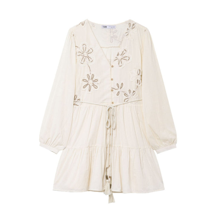 Ladies Embroidered Boho Dress with V-Neck, Drawstring and Tiered Skirt Mune Fashion