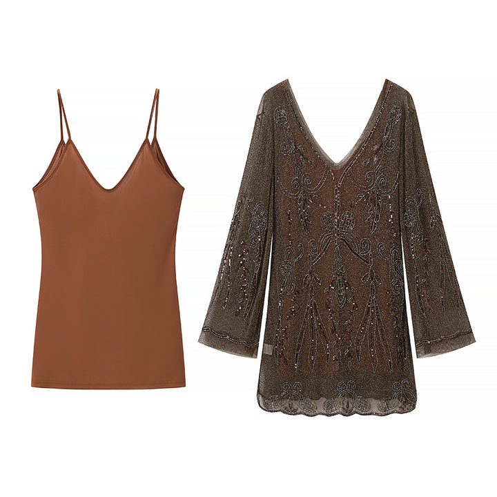 Women embellished V-neck tunic with bead embroidery and bell sleeves Mune Fashion