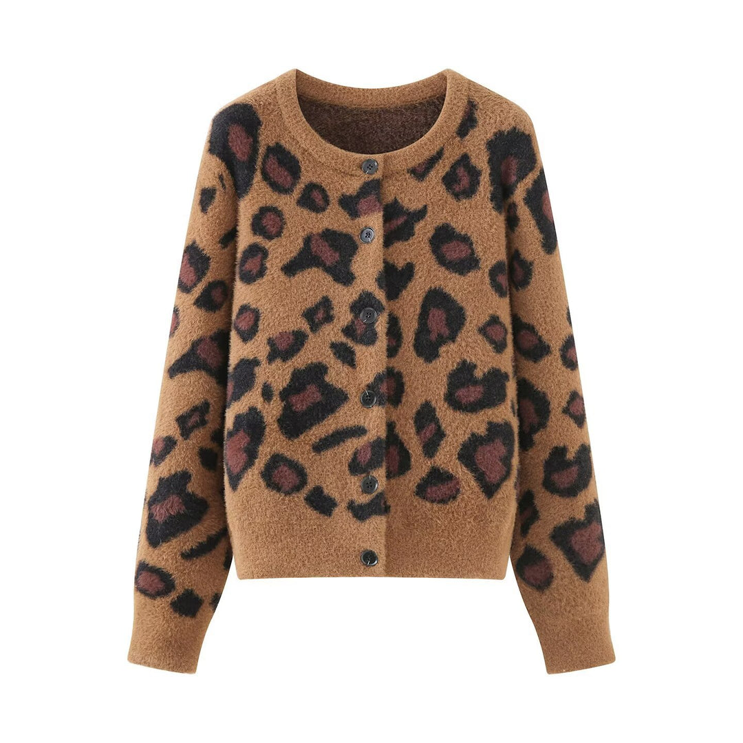 Women's Fluffy Cardigan in Leopard Print with Round Neck and Button Placket Mune Fashion