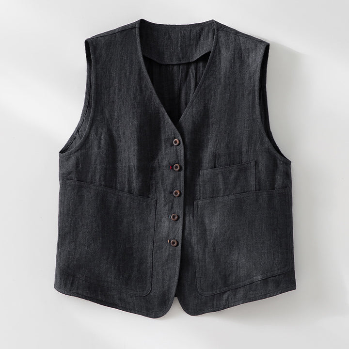 Women's linen vest with V-neck, patch pockets, and relaxed fit Mune Fashion