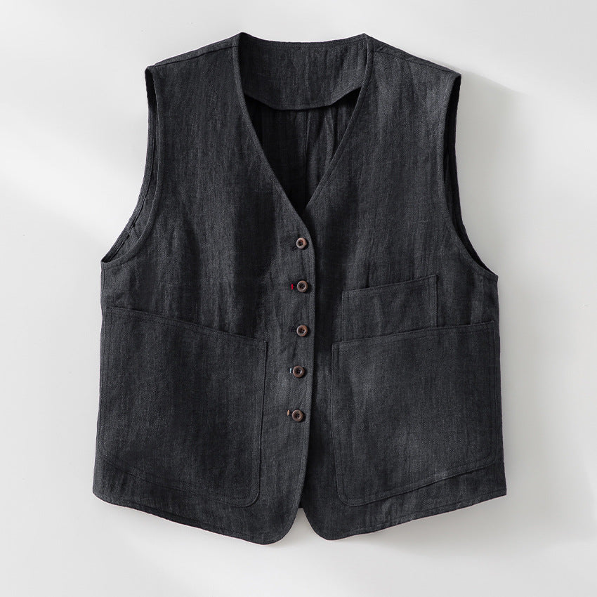 Women's Lightweight Linen Utility Look Vest with V-Neck and Large Patch Pockets Mune Fashion