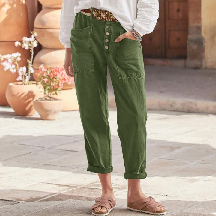 Women's linen-cotton lounge pants with wide cut, high waistband, and patch pockets Mune Fashion