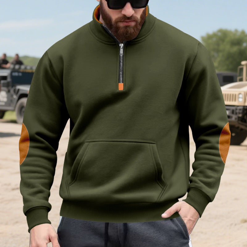 Men's half-zip sweatshirt with stand-up collar, kangaroo pocket, and contrasting elbow patches Mune Fashion