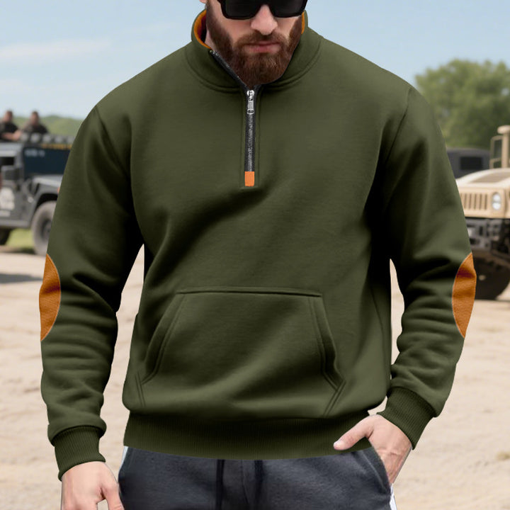Men's half-zip sweatshirt with stand-up collar, kangaroo pocket, and contrasting elbow patches Mune Fashion