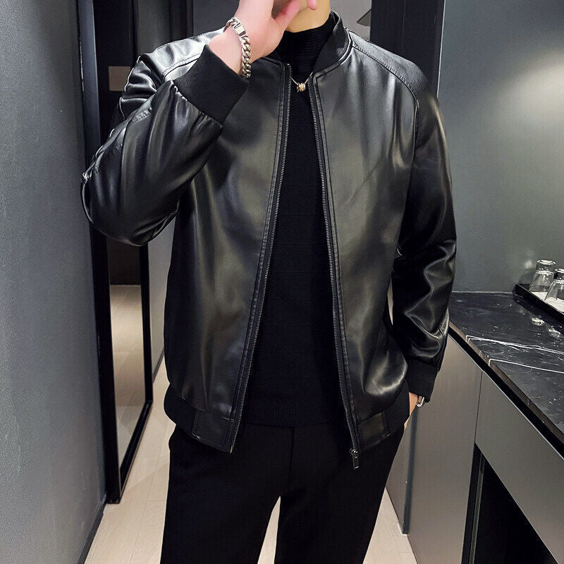 Men's Oversize Faux Leather Bomber Jacket with Raglan Sleeves, Zipper and Ribbed Cuffs Mune Fashion