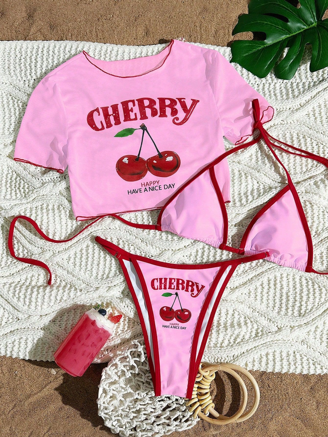 Women's bikini set with trendy cherry motif and casual crop top Mune Fashion