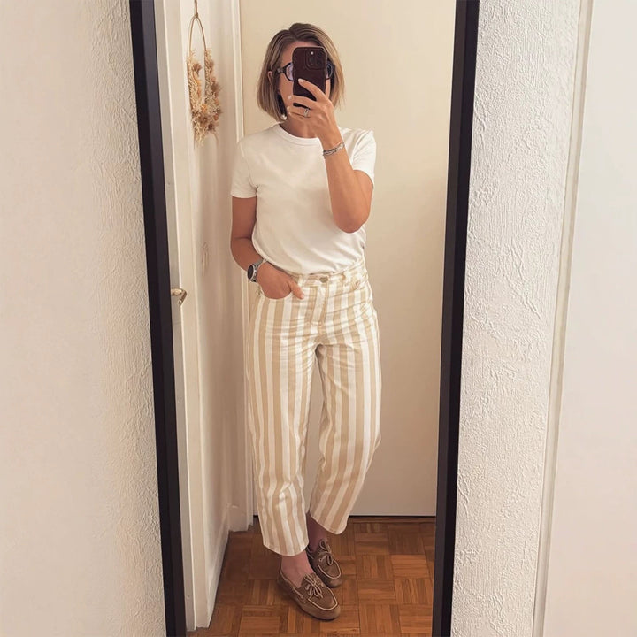 Women High-Waisted Striped Linen Pants with Wide Leg and Cropped Length Mune Fashion