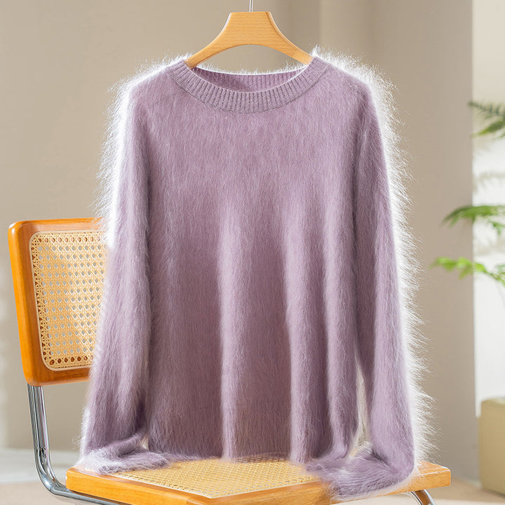 Women's Fluffy Angora Blend Round Neck Sweater Mune Fashion