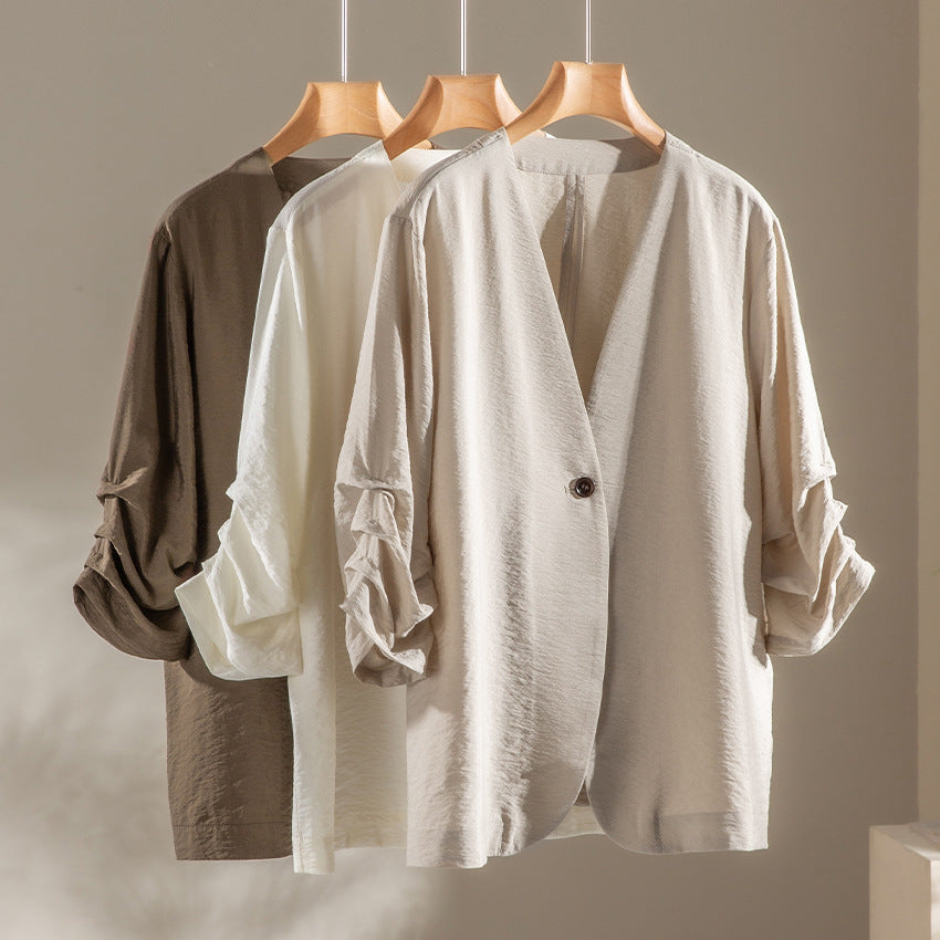 Women Lightweight Oversized Blazer with Deep V-Neck and Ruffled Sleeves Mune Fashion