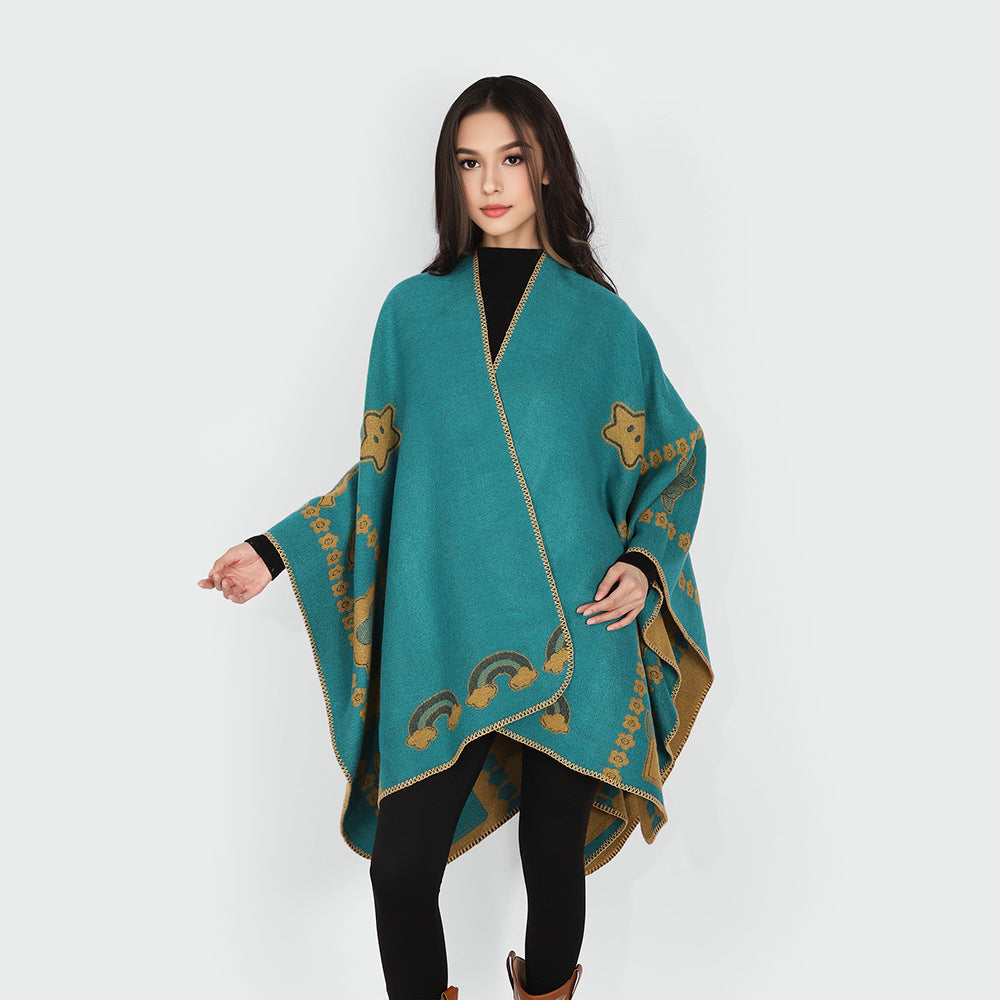 Women's Oversize Poncho with Jacquard Animal Pattern and Asymmetrical Pointed Hem Mune Fashion