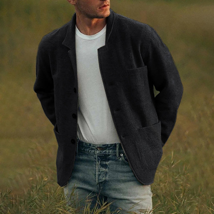 Men's Unstructured Wool-Blend Cardigan Blazer with Button Placket and Patch Pockets Mune Fashion