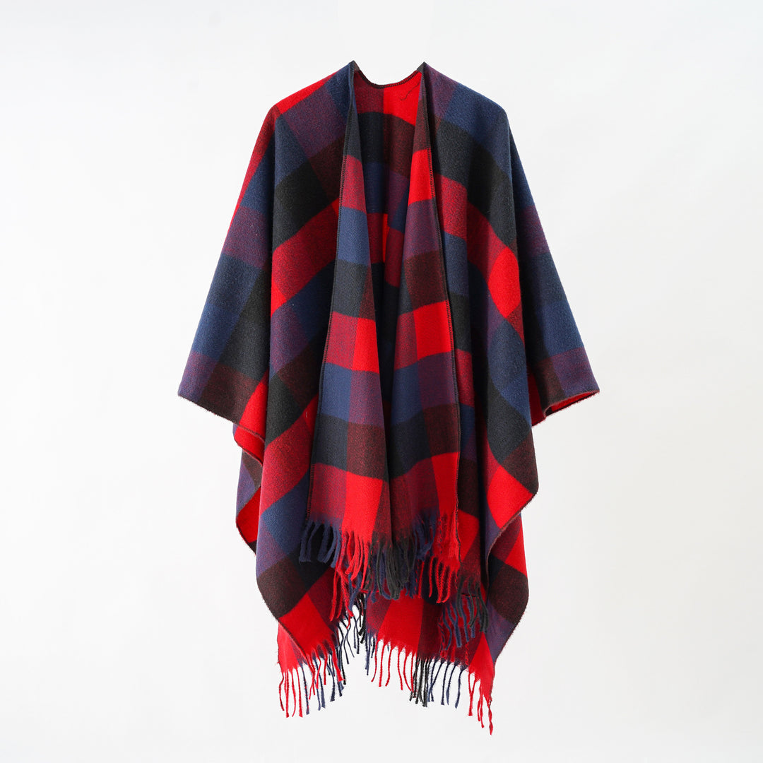 Women's Oversize Wrap Poncho made of wool blend with graphic diamond pattern and fringed hem Mune Fashion