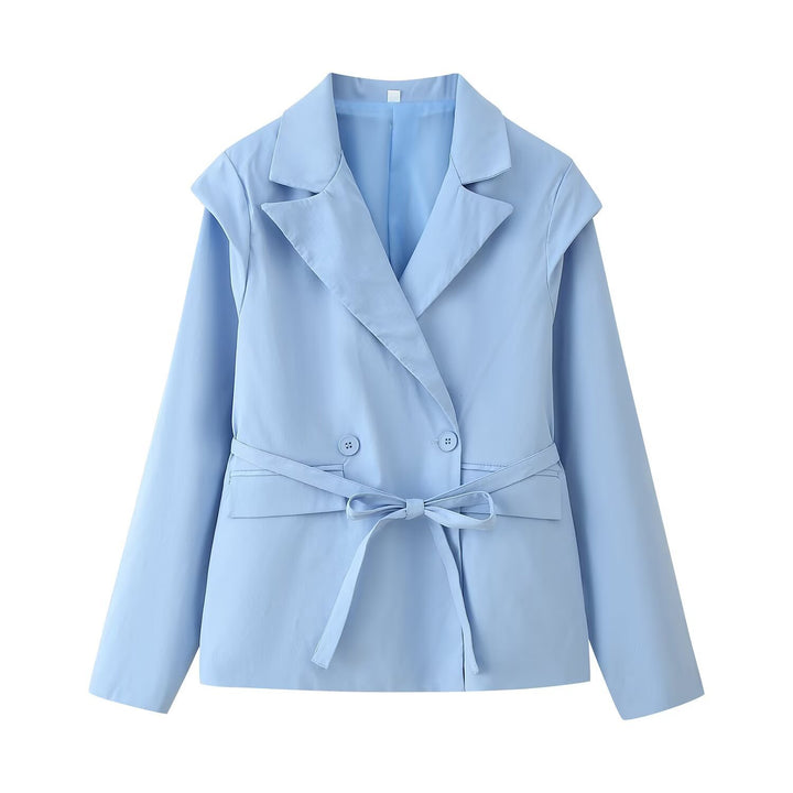 Women Tailored Belted Blazer with Double Button Placket and Notched Lapel Mune Fashion