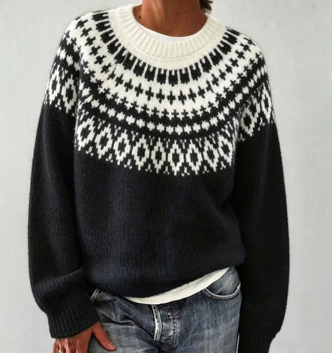 Women Round Neck Norwegian Sweater with Fair Isle Jacquard Mune Fashion