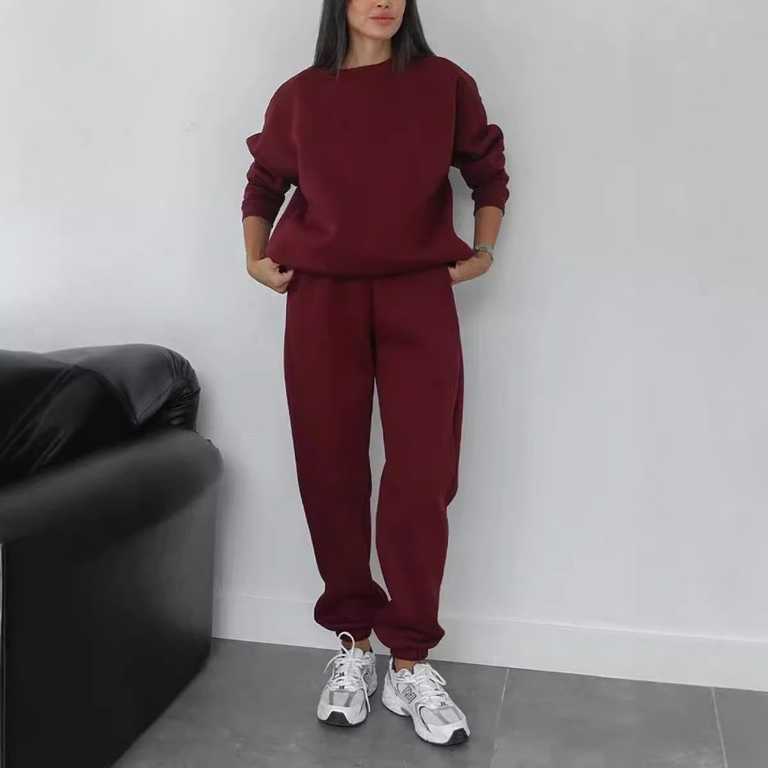 Women's minimalist cozy set made of heavy French terry with wide crew neck sweater and straight joggers Mune Fashion