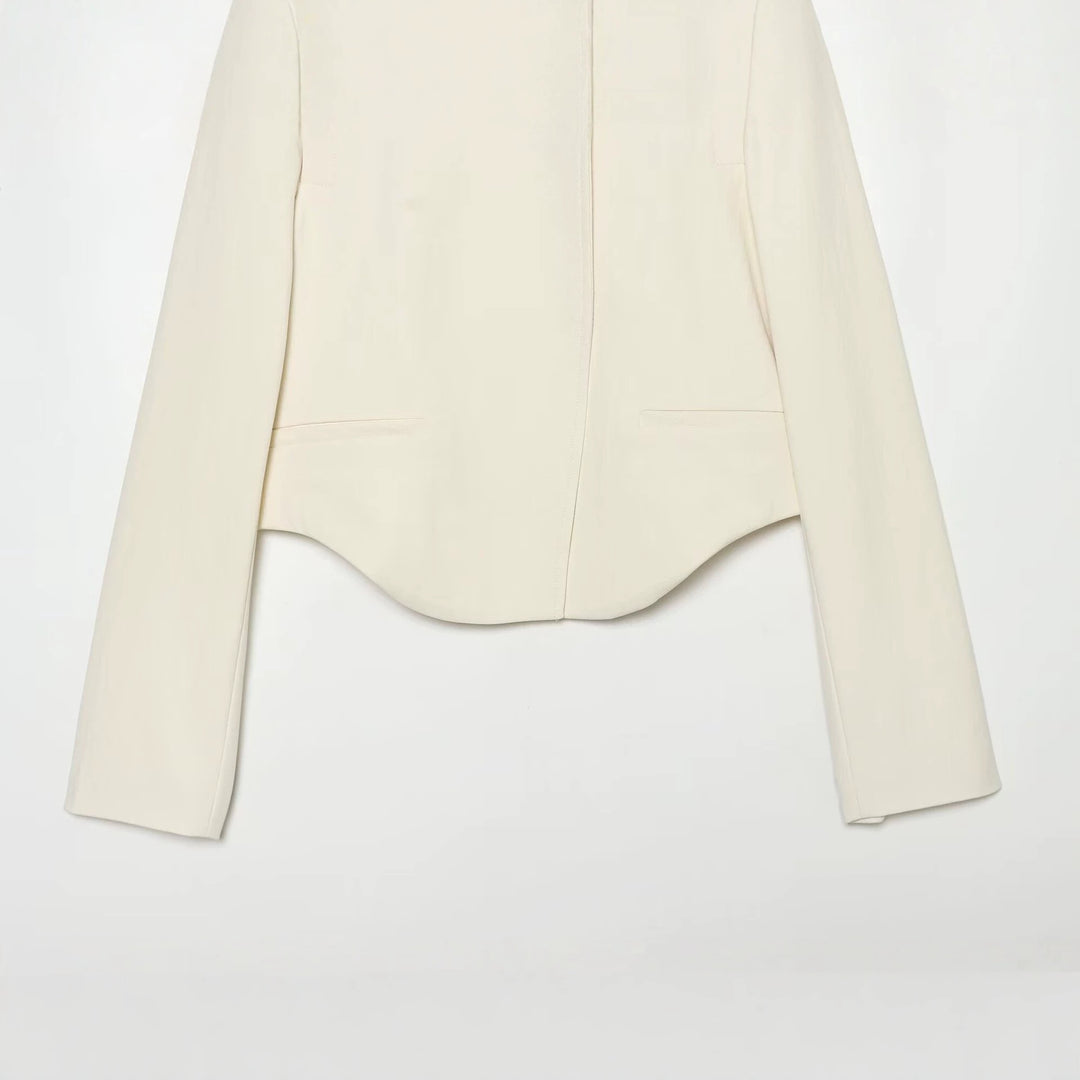 Women Short Tailored Blazer with Stand-Up Collar, Asymmetric Button Placket and Curved Hem Mune Fashion