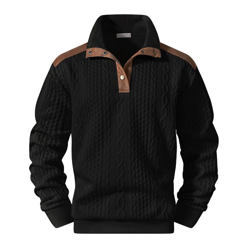Men's knitted sweater with cable pattern, stand-up collar and contrast shoulder & elbow patches Mune Fashion