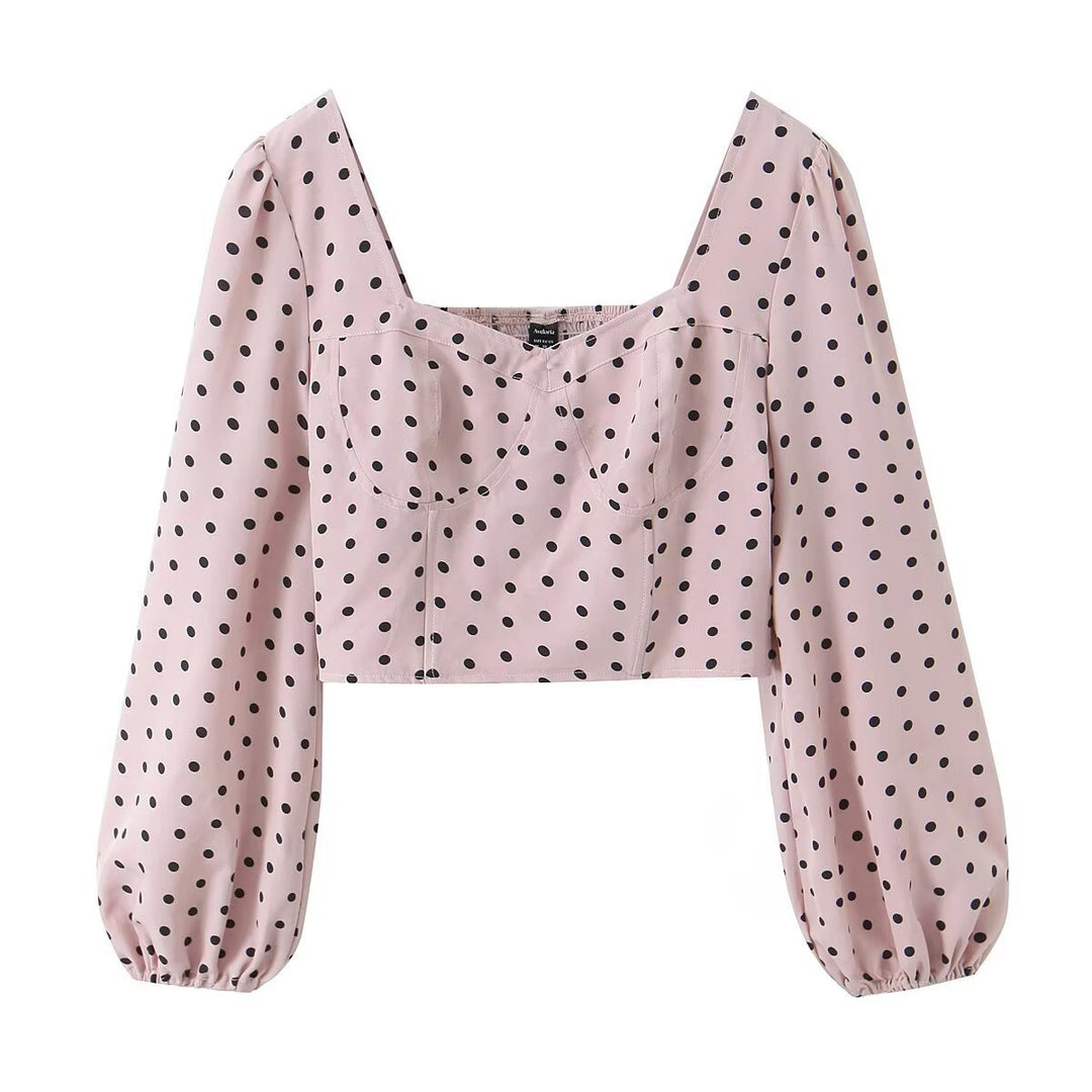 Ladies Polka Dot Bustier Crop Top with Puff Sleeves and Square Neckline Mune Fashion