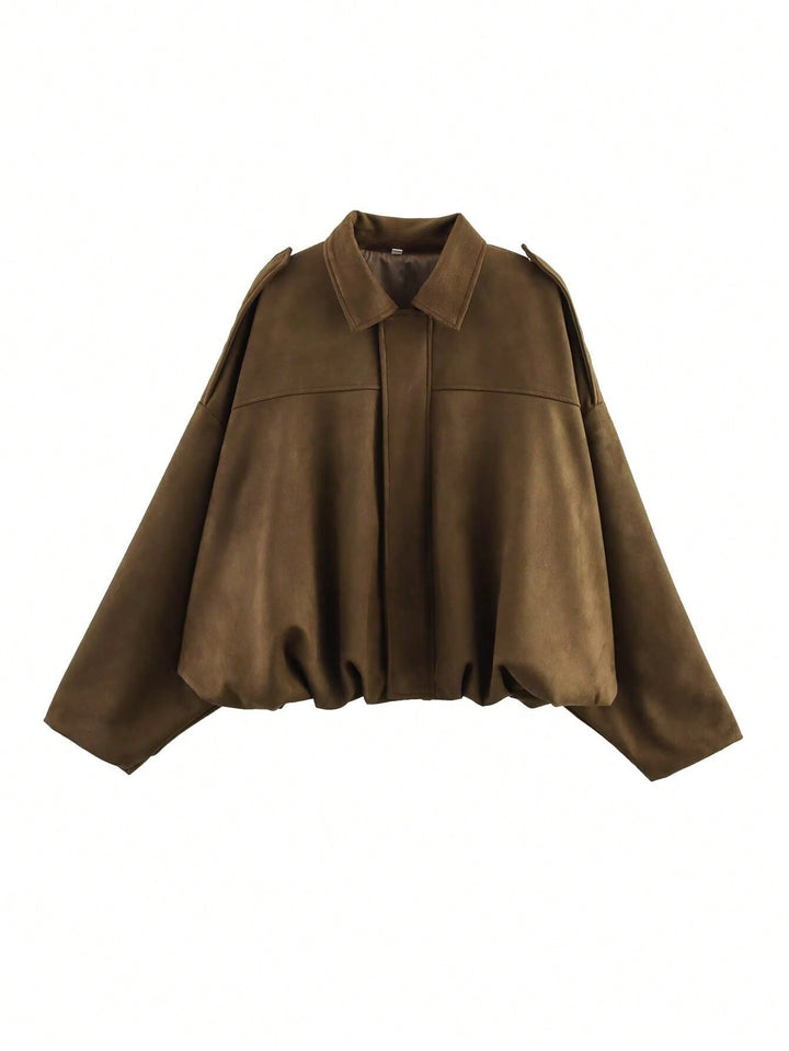 Women's loose short jacket with balloon hem, concealed closure and shoulder flaps Mune Fashion