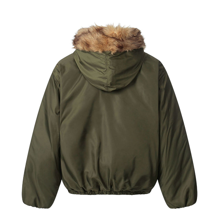 Ladies short jacket with faux fur trimmed hood and braided fur trim Mune Fashion