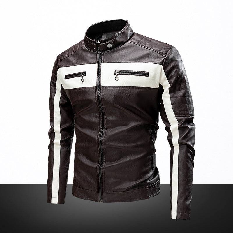 Men's Slim-Fit Biker Jacket in Retro Racing Look with Stand-Up Collar and Quilted Shoulder Area Mune Fashion