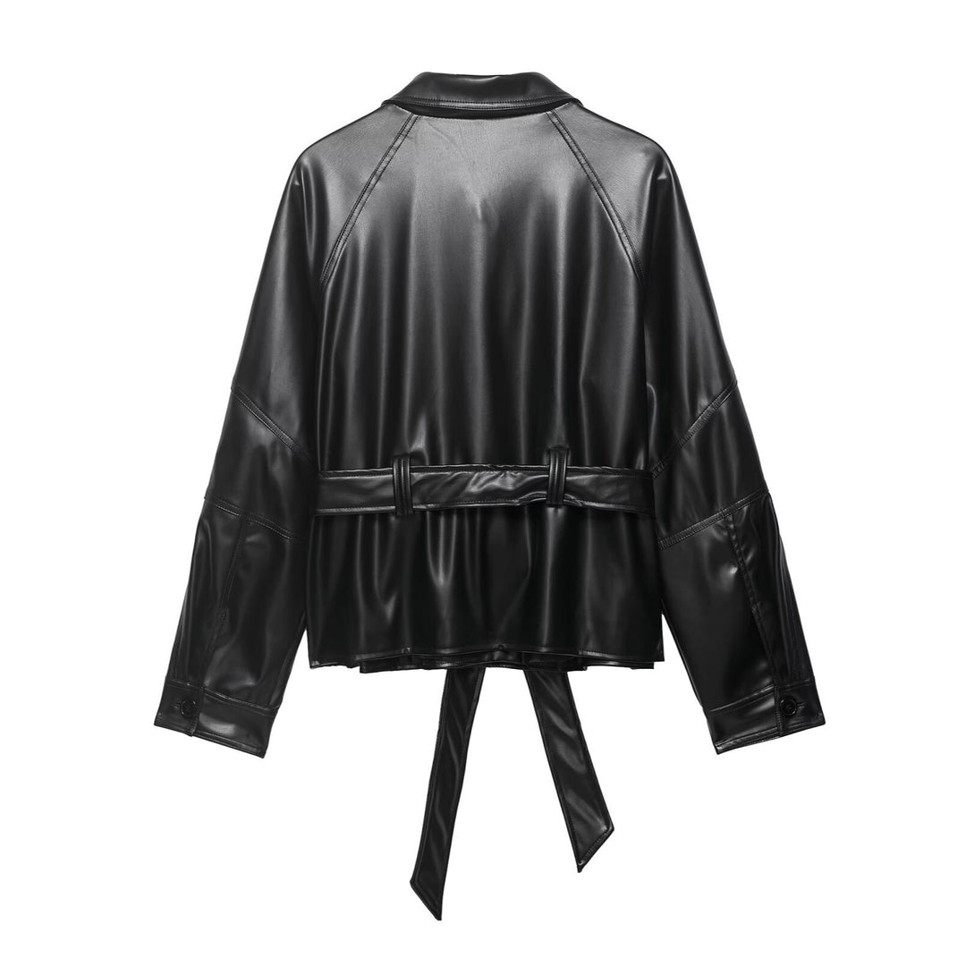 Women Short Leather Look Trench Coat with Waist Belt and Dolman Sleeves Mune Fashion