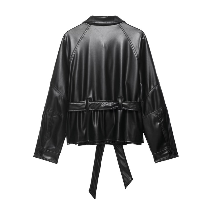 Women Short Leather Look Trench Coat with Waist Belt and Dolman Sleeves Mune Fashion