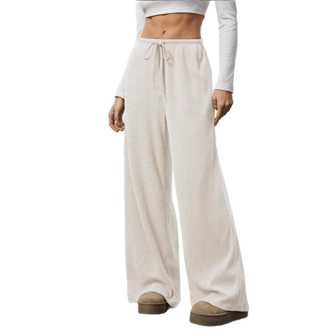 Women's Soft Ribbed Lounge Pants with Wide Leg and Drawstring Mune Fashion