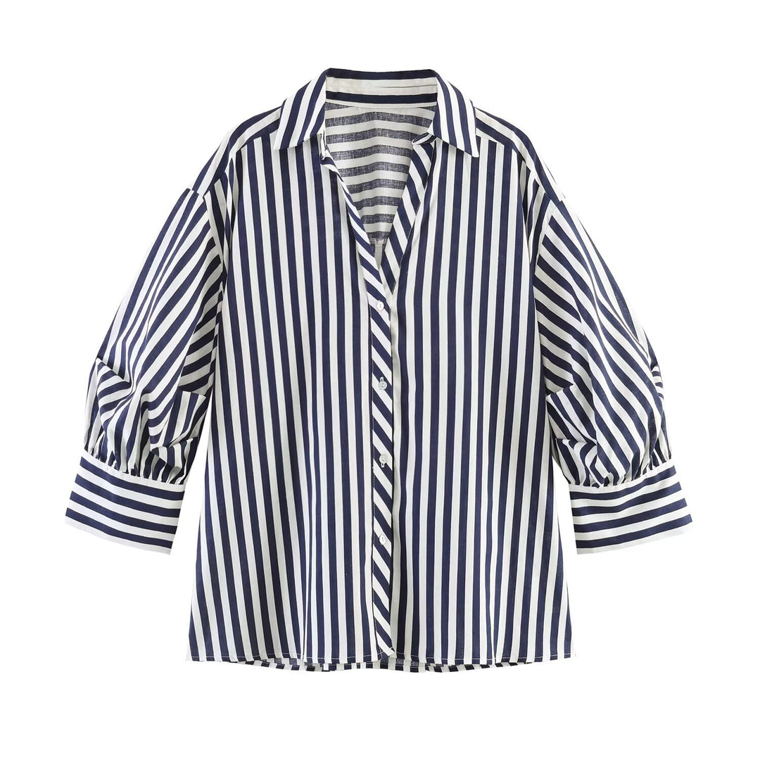 Women Oversize Blouse with Balloon Sleeves and Shirt Collar Mune Fashion