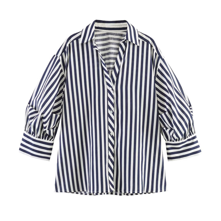 Women Oversize Blouse with Balloon Sleeves and Shirt Collar Mune Fashion