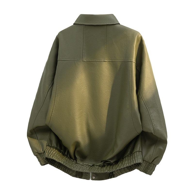 Men's oversized faux leather field jacket with concealed zipper, elastic hem, and patch pockets Mune Fashion