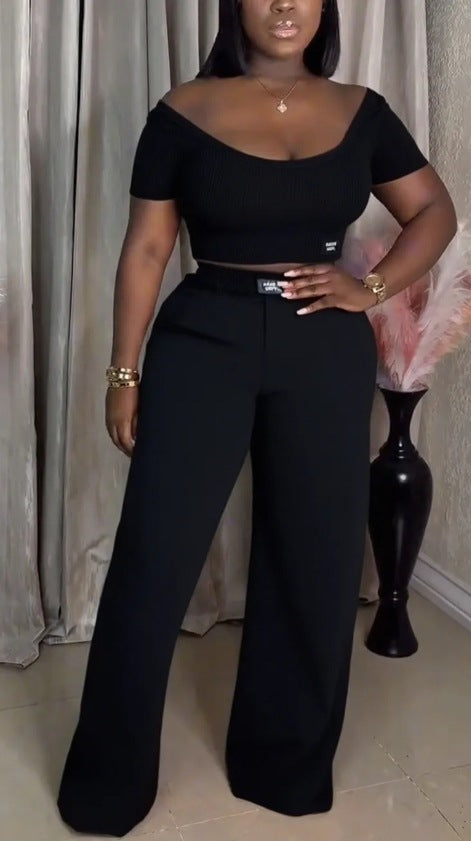 Women's off-the-shoulder ribbed crop top with wide-cut, high-waisted palazzo pants Mune Fashion