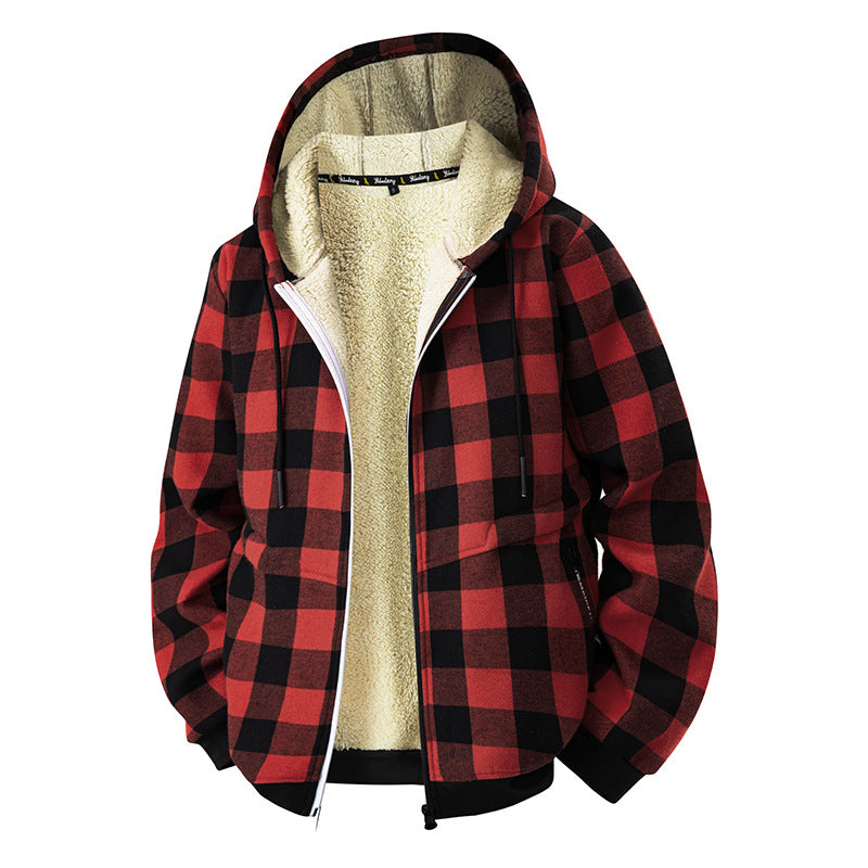 Men's checkered teddy fleece hooded jacket with Sherpa lining and zipper Mune Fashion