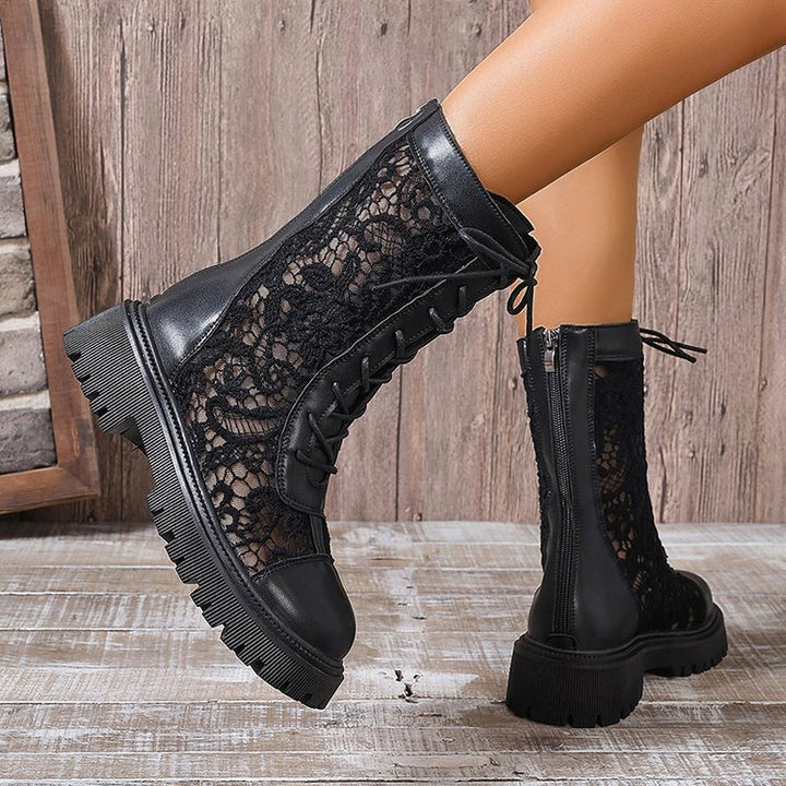 Women's lace-up boots with lace inserts, robust profile sole and leather look Mune Fashion