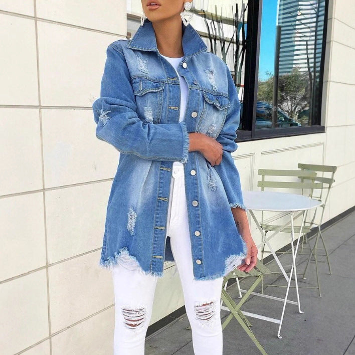 Women's Oversized Denim Jacket with Destroyed Details, Fringed Hem and Concealed Button Placket Mune Fashion