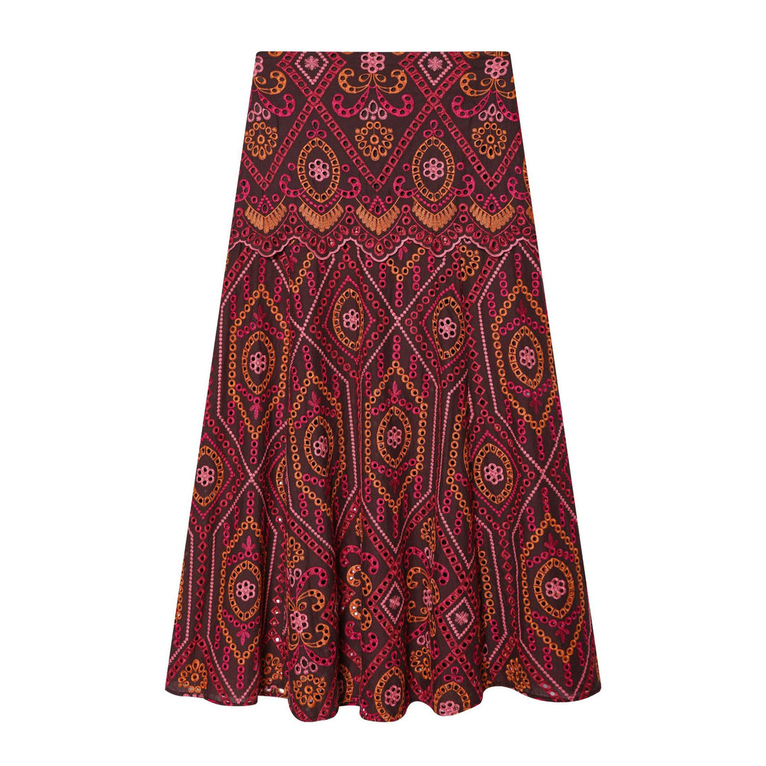 Women's embroidered A-line midi skirt with eyelet embroidery, tiered ruffle, and wavy hem Mune Fashion