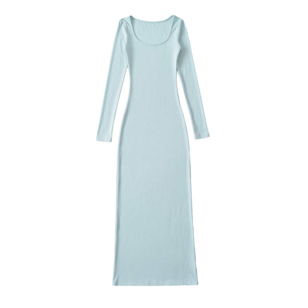 Women's figure-hugging ribbed midi dress with wide round neckline and long sleeves