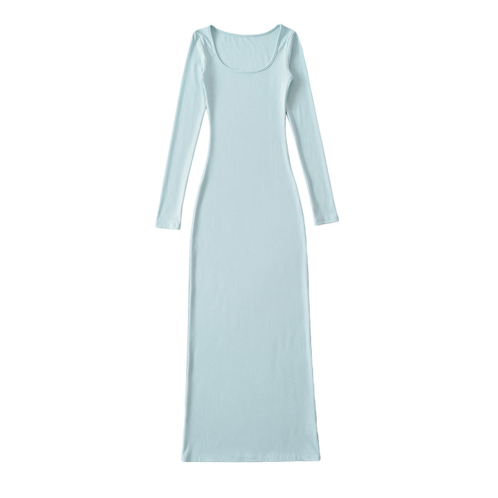 Women's figure-hugging ribbed midi dress with wide round neckline and long sleeves