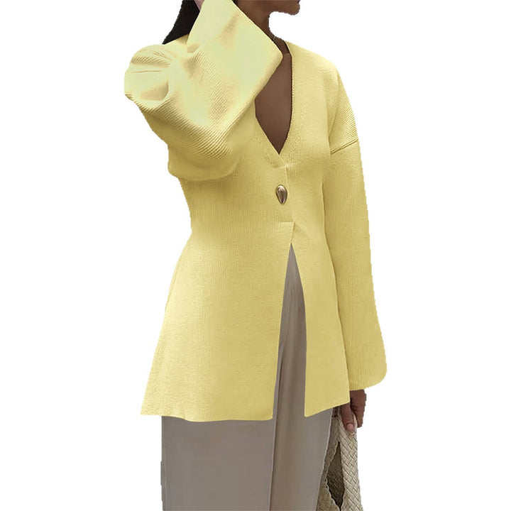 Women's fitted fine knit cardigan with V-neck, decorative button, and front slit Mune Fashion