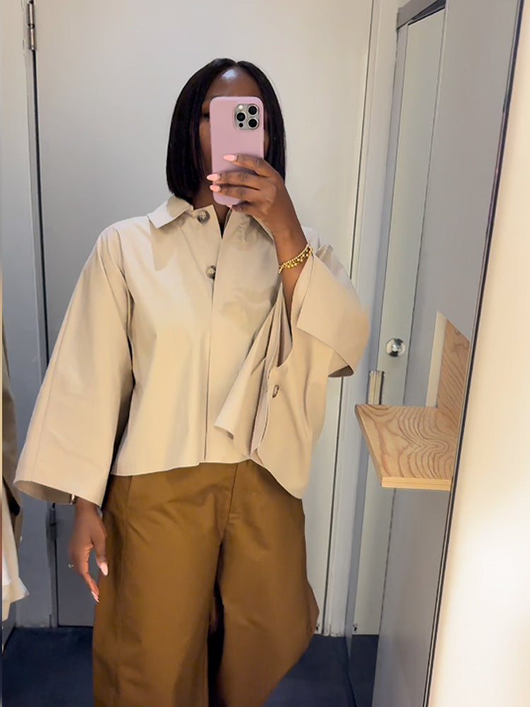 Women's Boxy Cropped Shirt Blouse with Wide Batwing Sleeve and Fine Tuck Mune Fashion