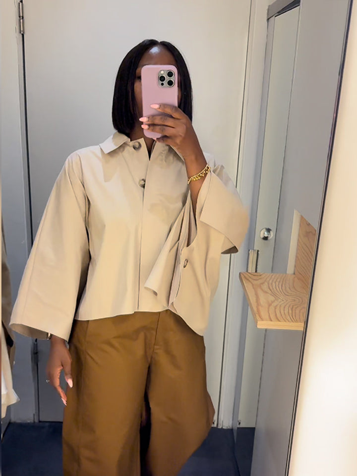 Women's Boxy Cropped Shirt Blouse with Wide Batwing Sleeve and Fine Tuck Mune Fashion