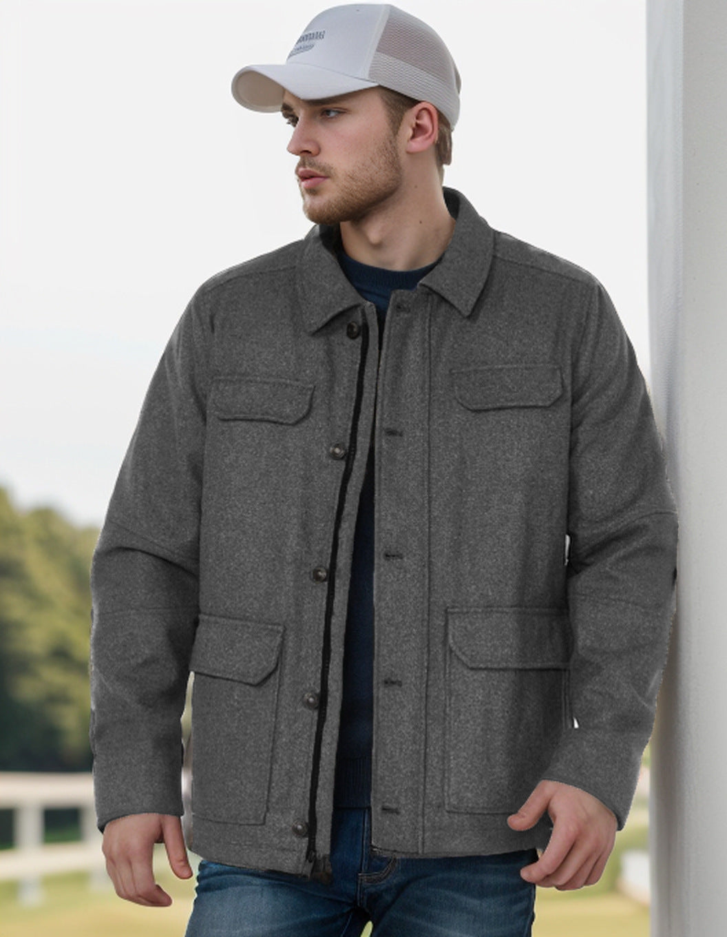 Men's Wool Blend Field Jacket with Flap Pockets, Full Button Placket and Shirt Collar Mune Fashion