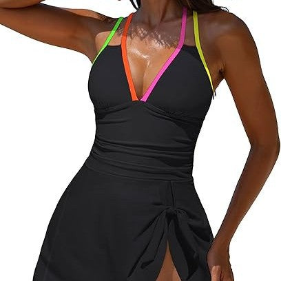 Women's Swimwear with Asymmetrical Skirt and Colored Straps Mune Fashion