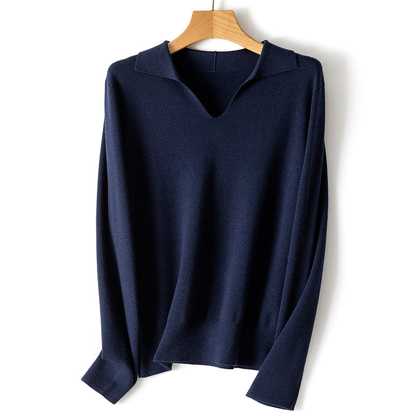 Women's fine knit pullover with V-neck and shirt collar Mune Fashion