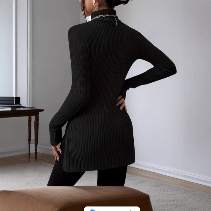 Women's Ribbed Longline Tunic with Stand Collar, Flared Sleeves and Side Slits Mune Fashion