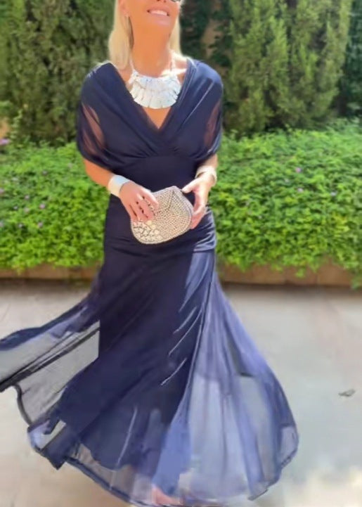 Women nan flowing evening dress with transparent chiffon capelet, V-neck and tailored draping Mune Fashion