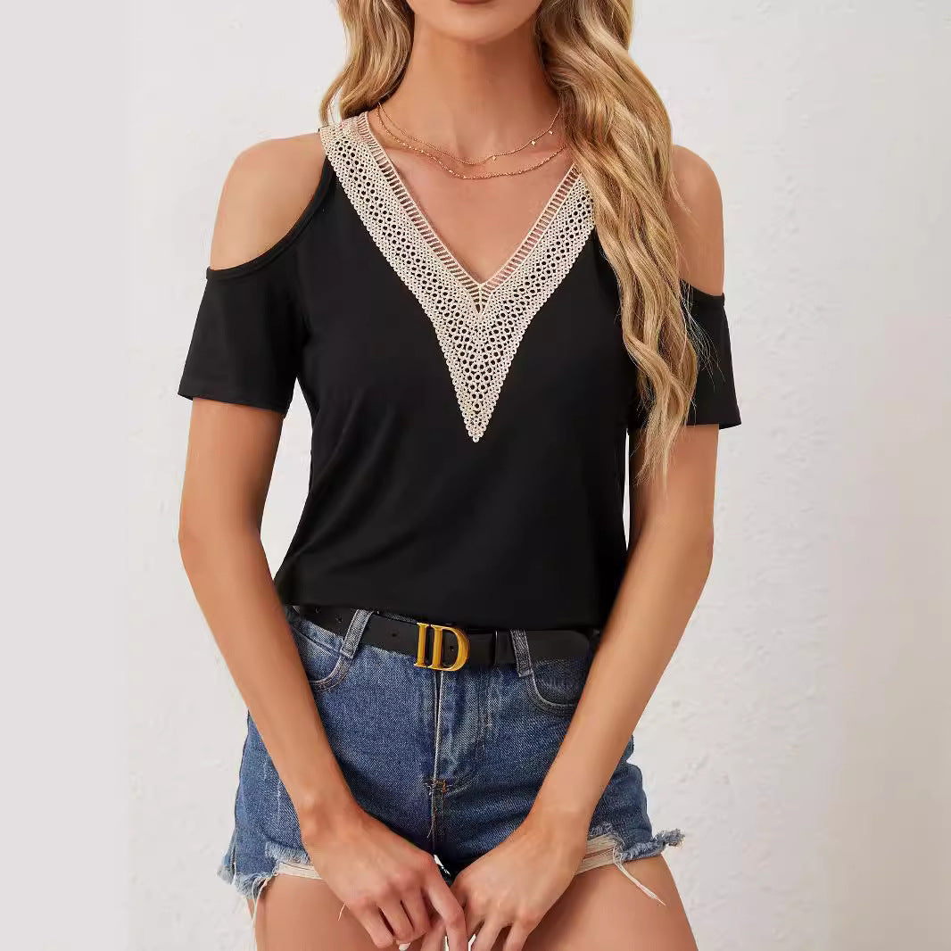 Women nan light jersey shirt with open shoulders, deep V-neck and crocheted V-insert Mune Fashion