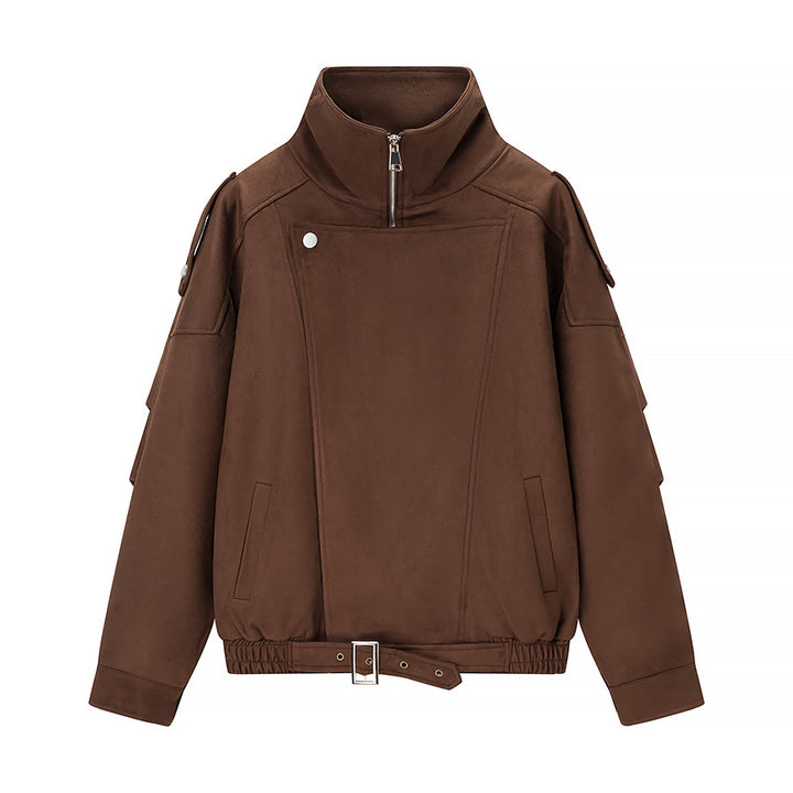 Women's Oversized Bomber Jacket in Velvet Look with High Stand-up Collar and Waist Belt Mune Fashion
