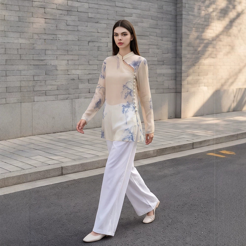 Women's Transparent Chiffon Blouse with Mandarin Collar, Asymmetrical Button Placket & Floral Print Mune Fashion